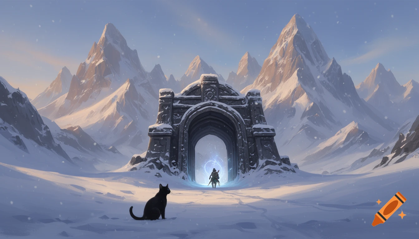 A black cat sits in a snowy mountain landscape, looking at a traveler walking through an ancient, glowing stone portal.