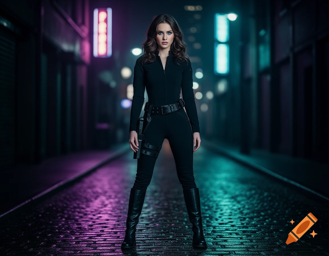 A woman in a black tactical jumpsuit with a gun holster stands in a dark, neon-lit urban alley.