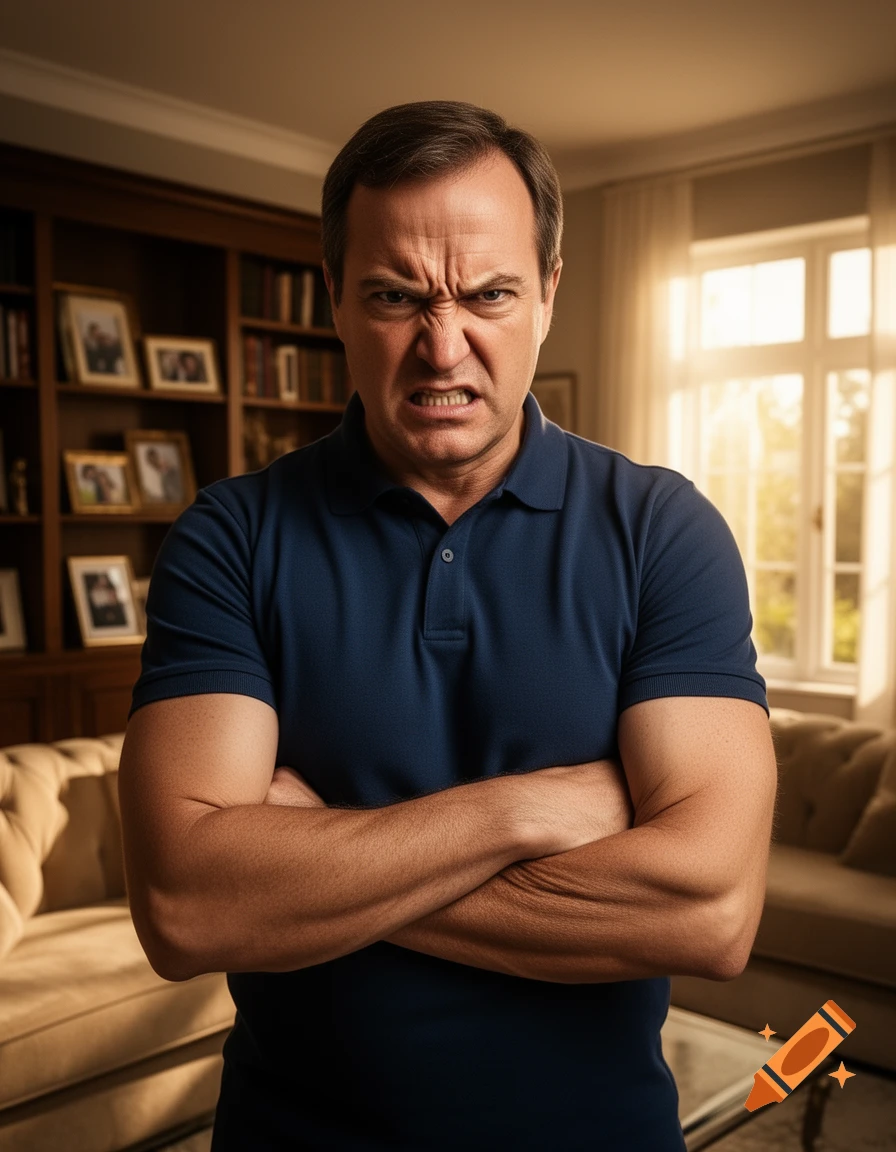 Photorealistic portrait of a very angry man with furrowed brow and crossed arms, standing in a living room.