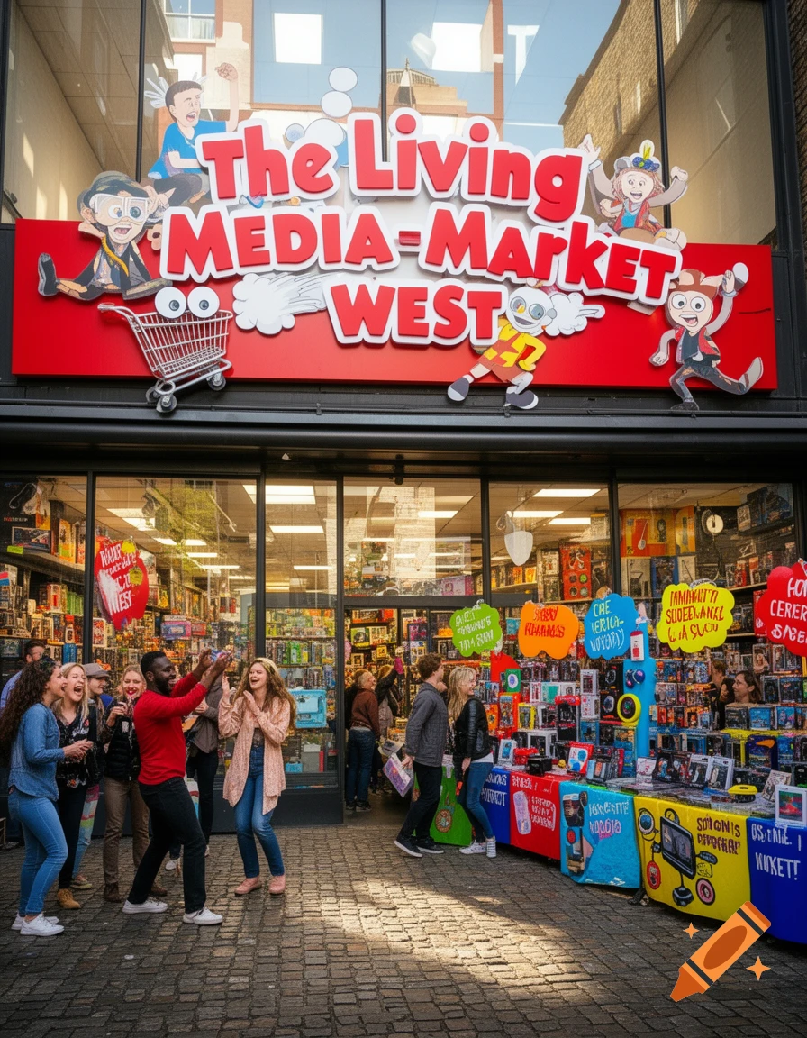 A bustling street scene outside "The Living Media-Market West" store, with groups of diverse people chatting and shopping at outdoor stalls.
