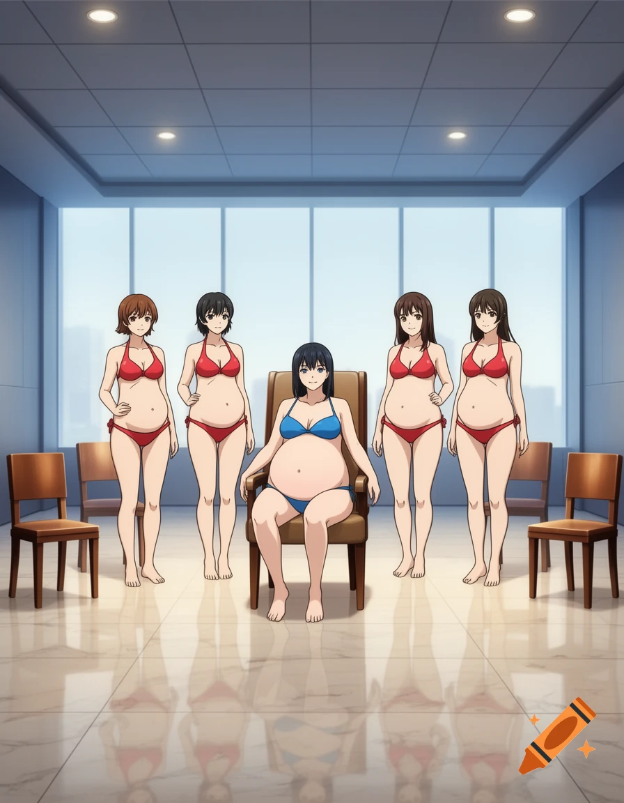 Five anime-style pregnant women in bikinis in a room with chairs, one seated in blue bikini and four standing in red bikinis.