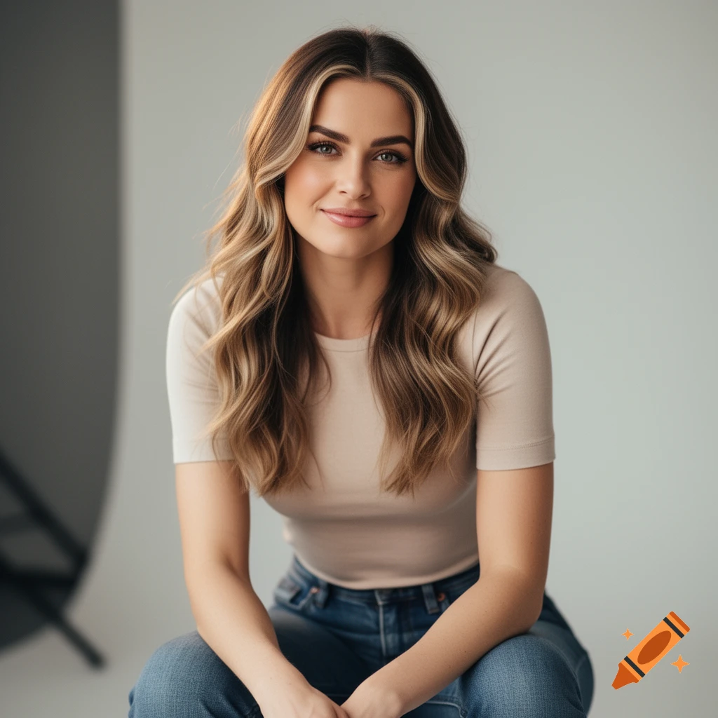 A smiling woman with long wavy blonde and brown hair, wearing a beige t-shirt and blue jeans, sitting in a studio.