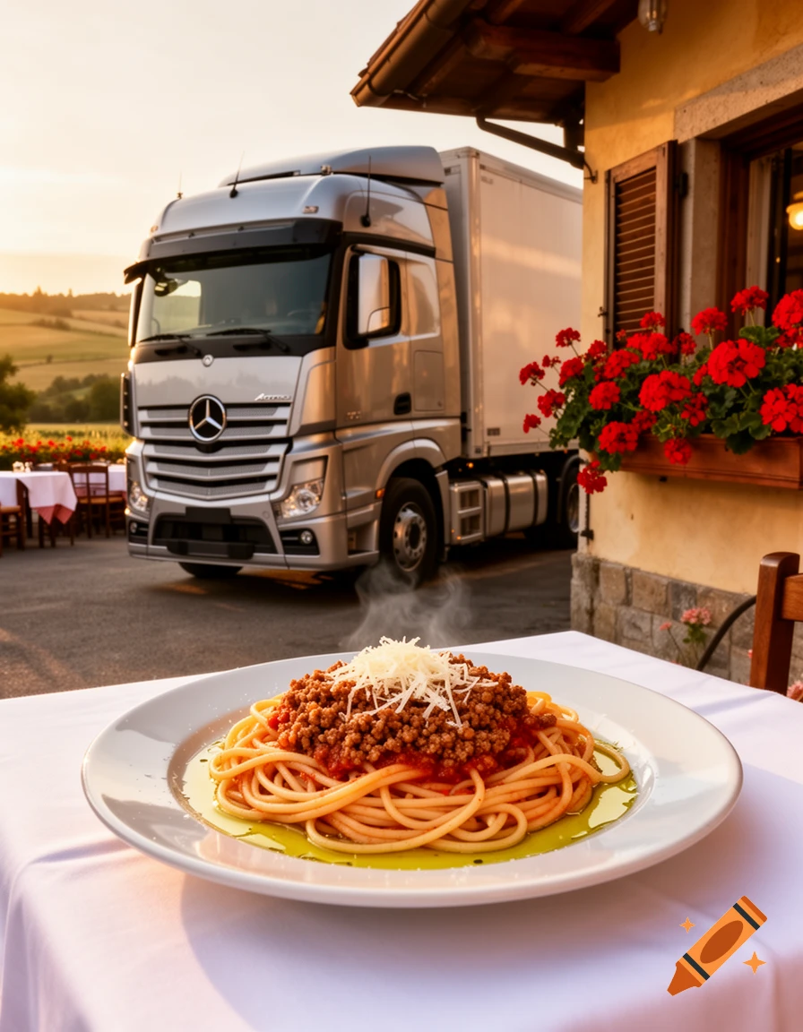 A plate of spaghetti bolognese steaming on an outdoor dining table, with a silver Mercedes Actros truck parked behind it at sunset.
