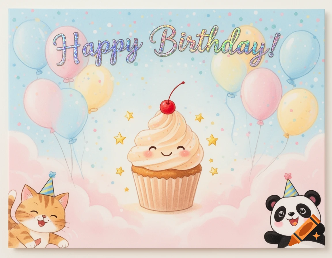 Cute cartoon birthday card with 'Happy Birthday!' text, a smiling cupcake, pastel balloons, a happy cat, and a cheerful panda.