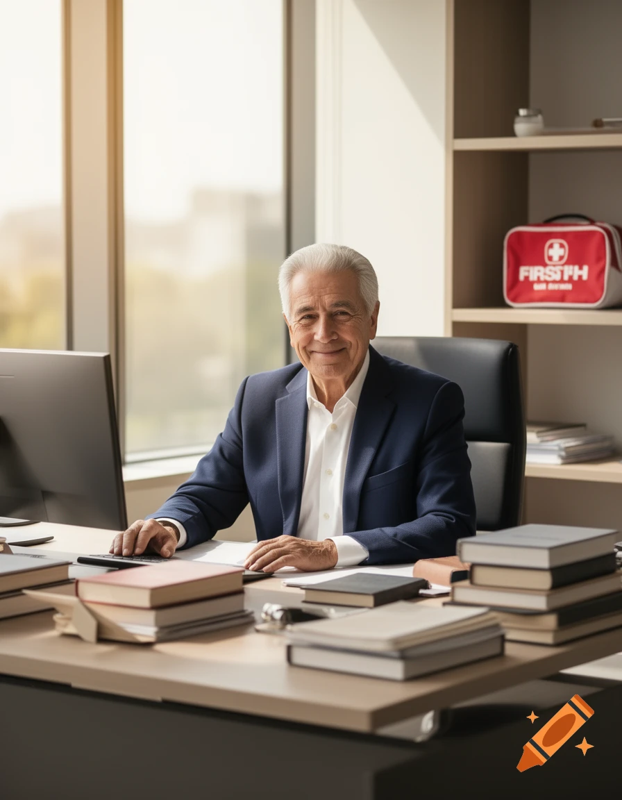 An older smiling businessman with grey hair sits at a desk in an office, surrounded by books and a red first aid kit.