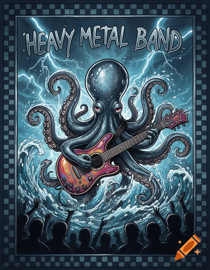Playful, hand-drawn poster of a blue octopus playing an electric guitar in a stormy sea with lightning, cheered by a crowd.