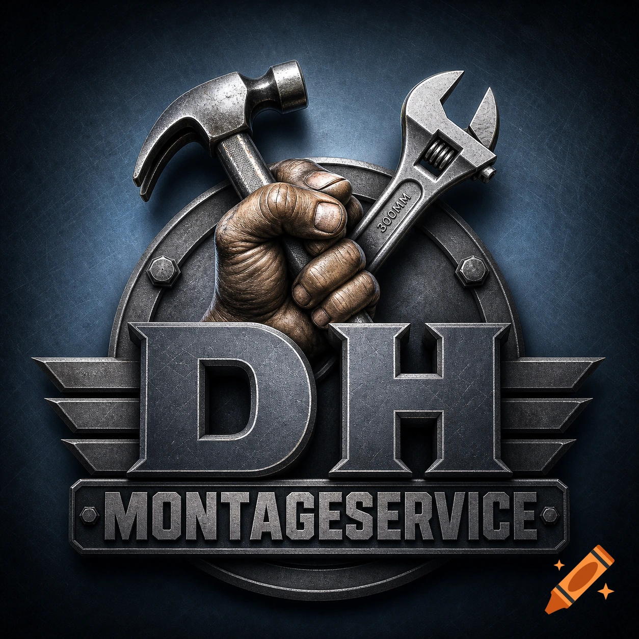 Metallic logo featuring a hand holding a hammer and a wrench, with the text 'DH Montageservice' below. Dark blue background.