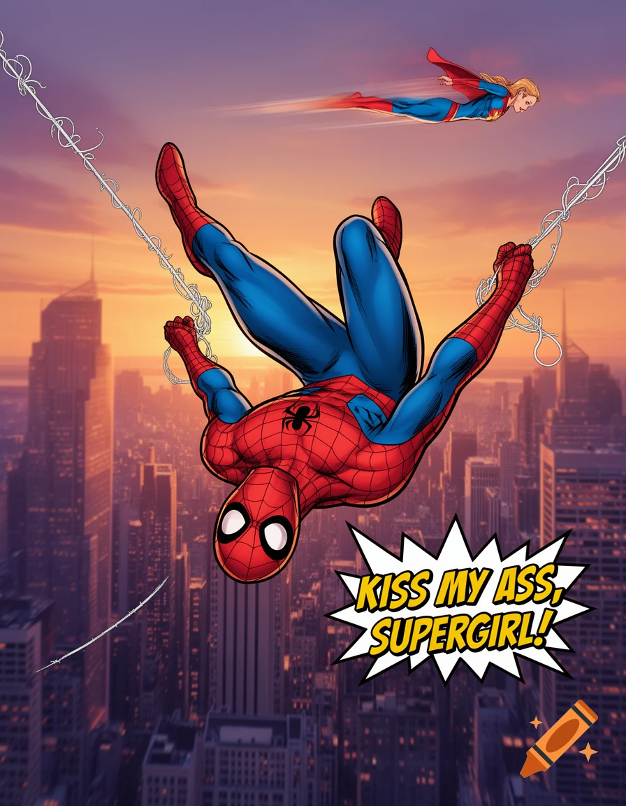 Spider-Man hangs upside down on a web above a city as Supergirl flies past, in a comic book style. A speech bubble reads "KISS MY ASS, SUPERGIRL!"