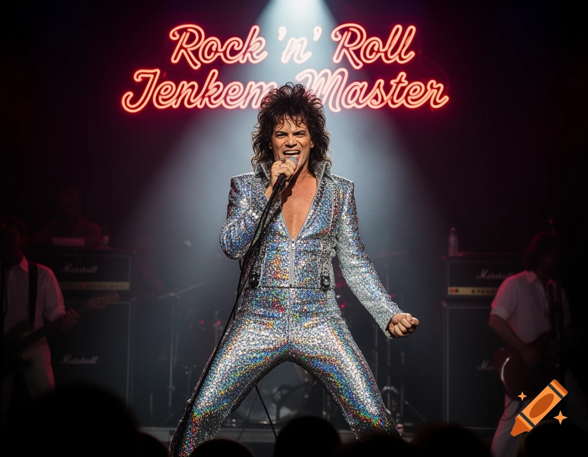 A male singer in a sparkly jumpsuit performs on a dark stage under a neon 'Rock 'n' Roll Jenkem Master' sign, holding a microphone.