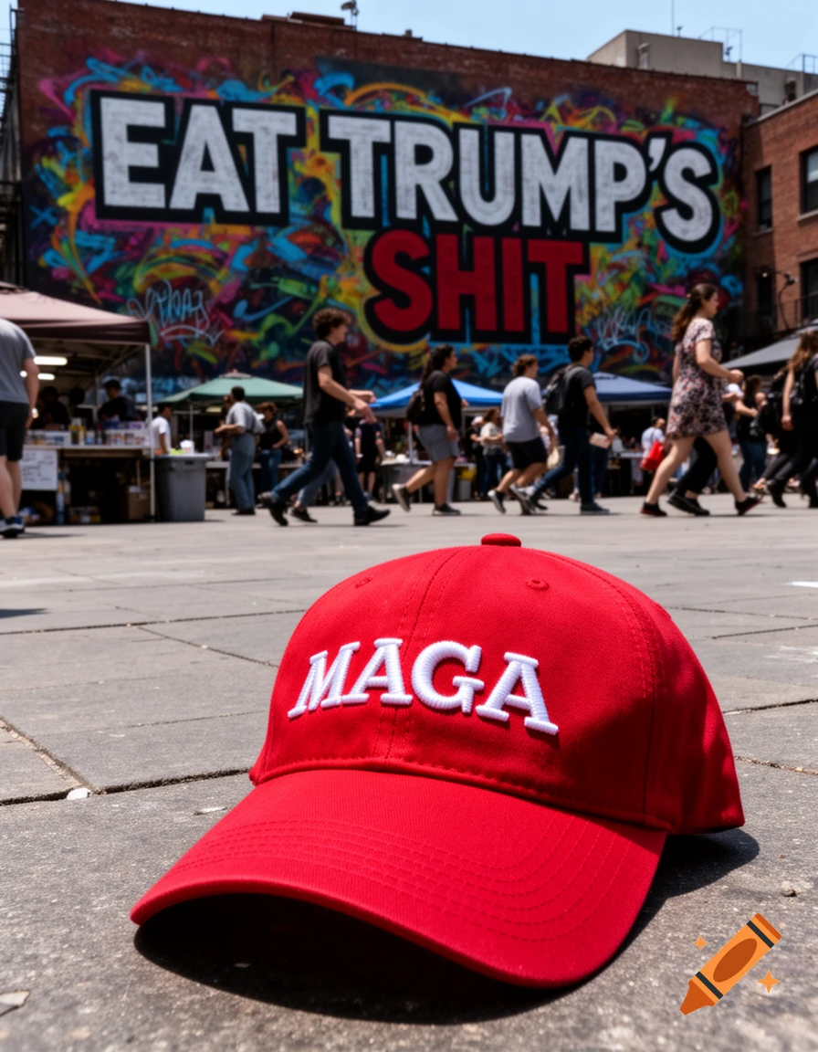 A red MAGA hat lies on pavement with 'EAT TRUMP'S SHIT' graffiti on a brick wall and people walking in the background.