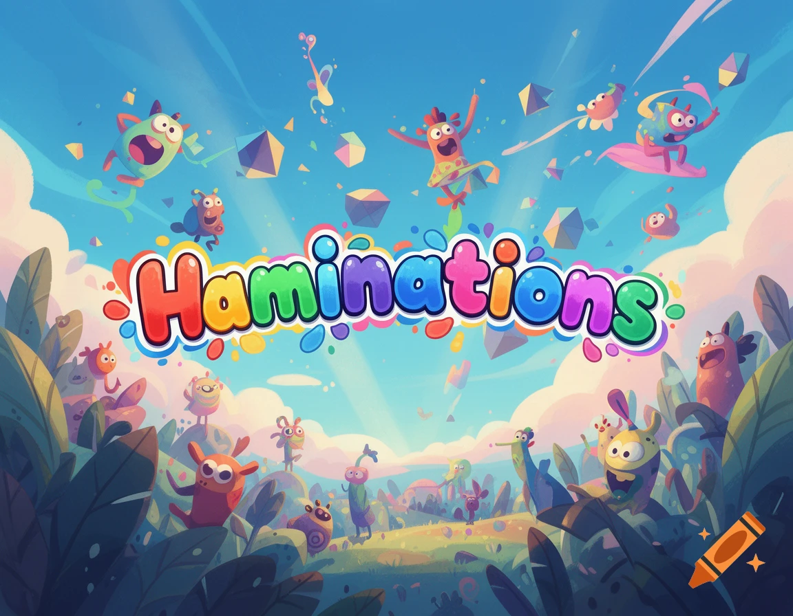 Colorful cartoon monsters fly and stand in a vibrant fantasy landscape under a blue sky, with the bubbly title "Haminations".