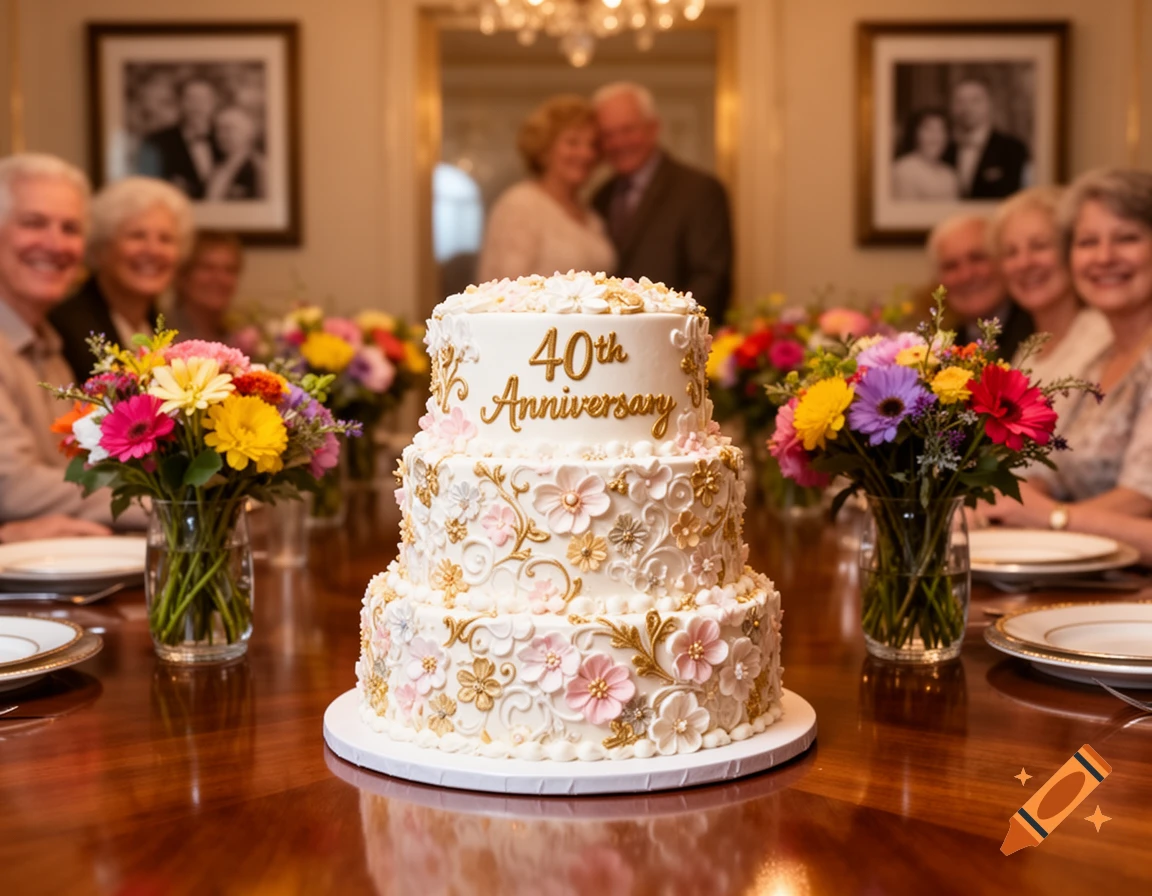 A white three-tier cake with '40th Anniversary' in gold lettering, adorned with pink and gold flowers, on a table surrounded by smiling people and colorful floral arrangements.