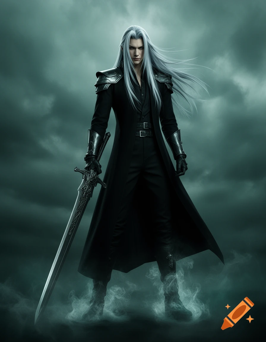 A tall, pale man with long flowing silver hair, dressed in a black coat and armor, stands with a large sword in a misty, dark environment.