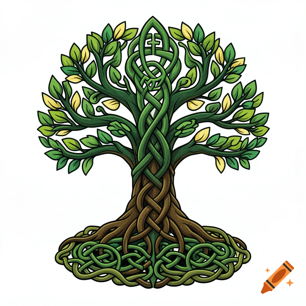 A cartoon style Celtic tree of life with intricate green knotwork forming the branches and roots, on a white background.