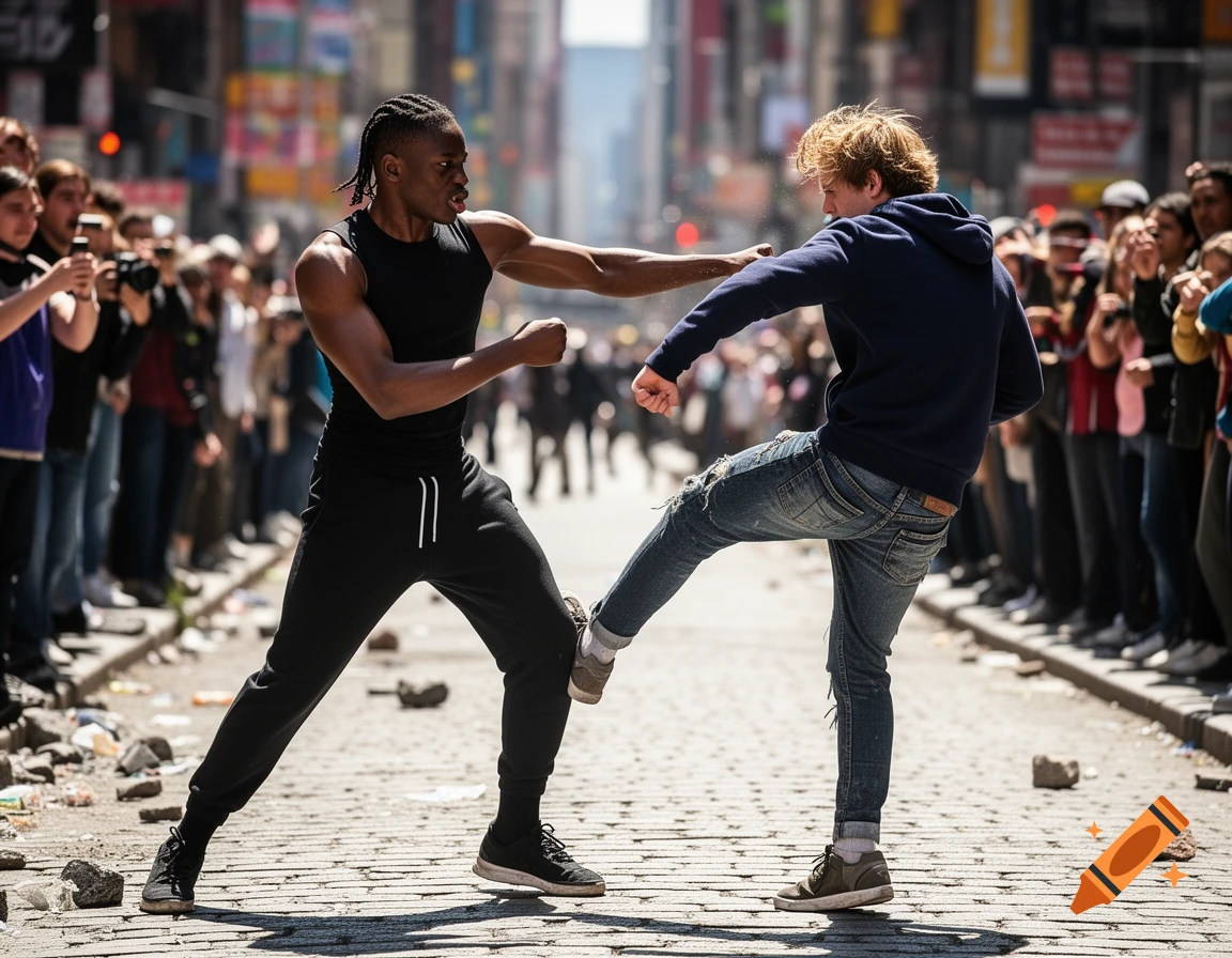 Two men, one in black and one in a blue hoodie, fight on a cobblestone street as a crowd watches.