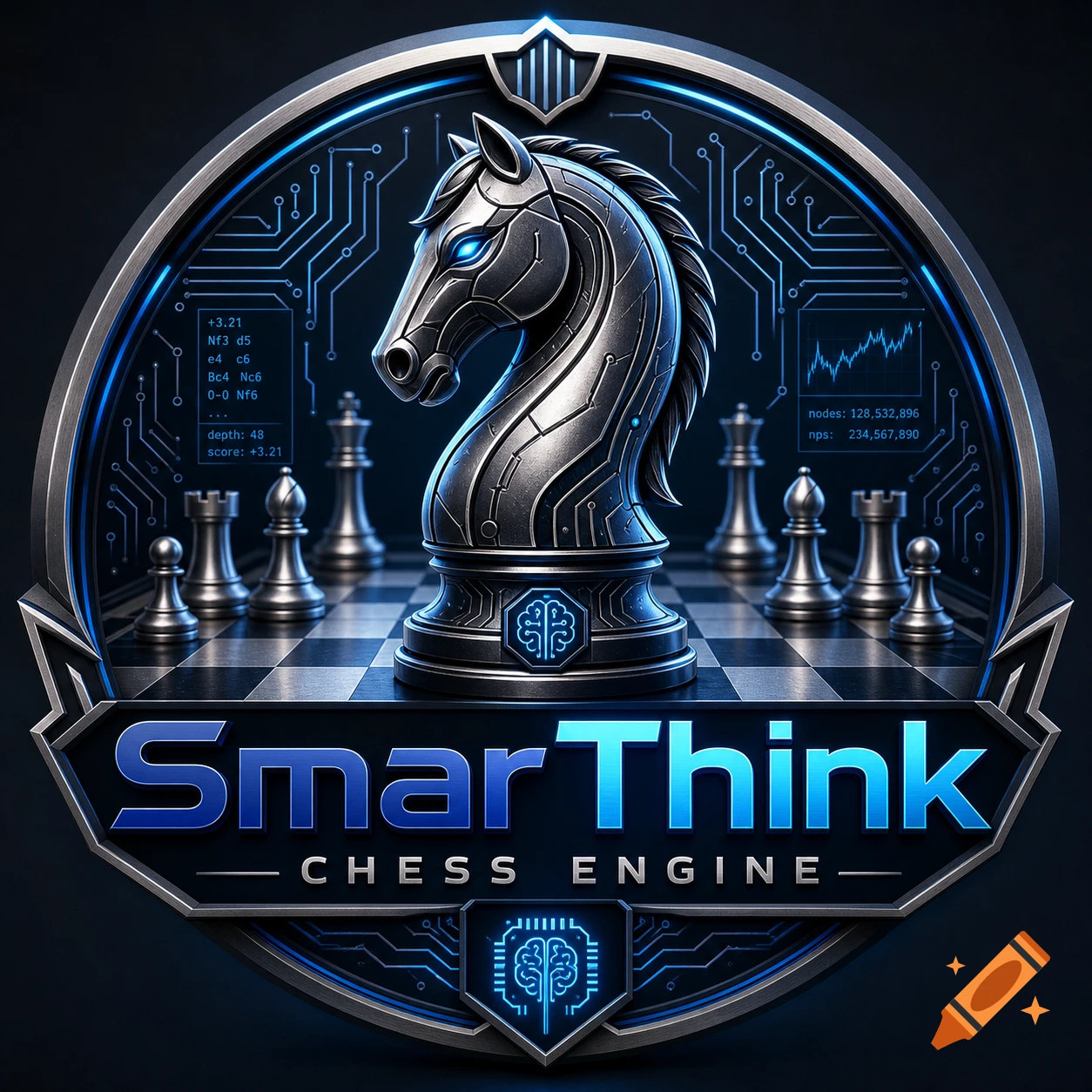 A metallic logo for 'SmarThink Chess Engine' featuring a knight chess piece, circuit board patterns, glowing blue accents, and chess statistics.