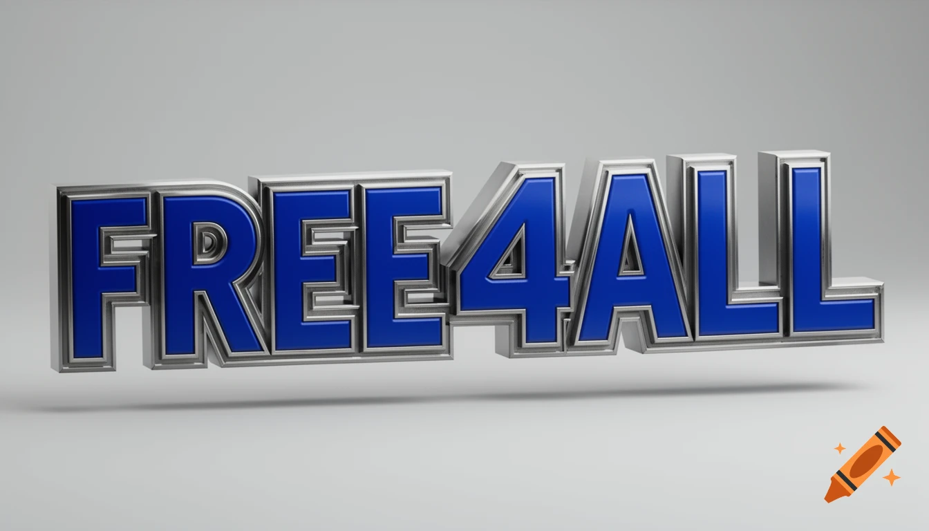 3D rendering of the word FREE4ALL in bold blue block letters with polished silver outlines, casting a shadow on a white background.