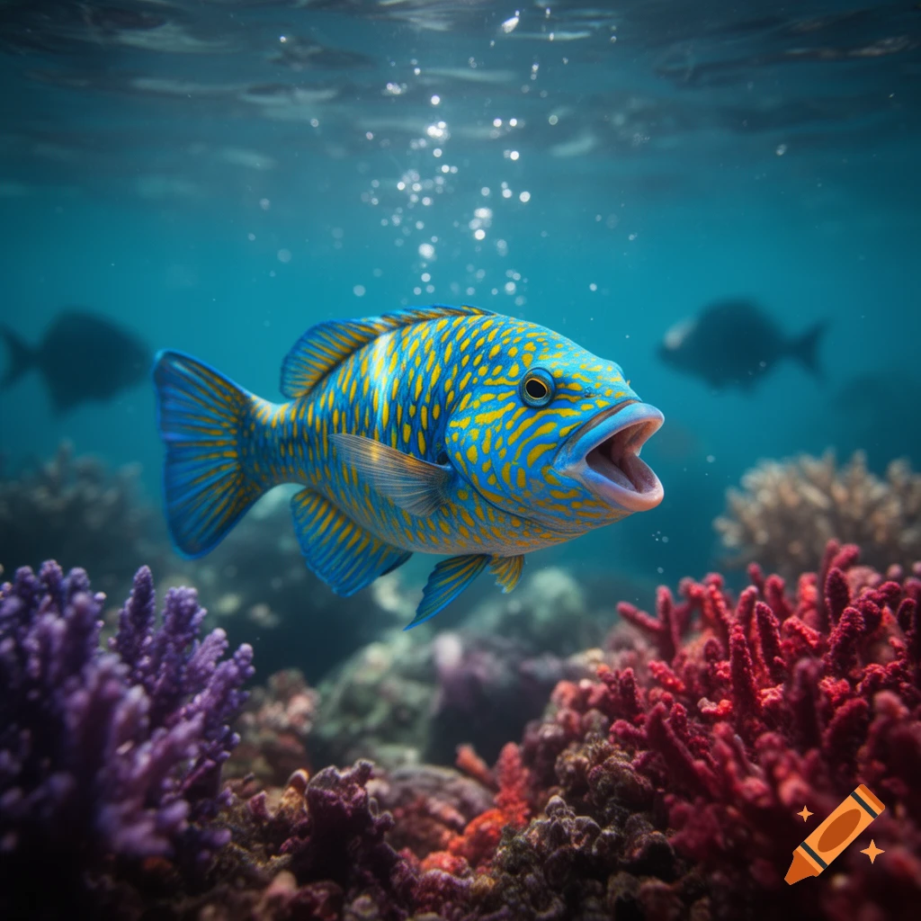 A vibrant blue and yellow speckled fish with its mouth open swims above a colorful coral reef in clear blue ocean water.