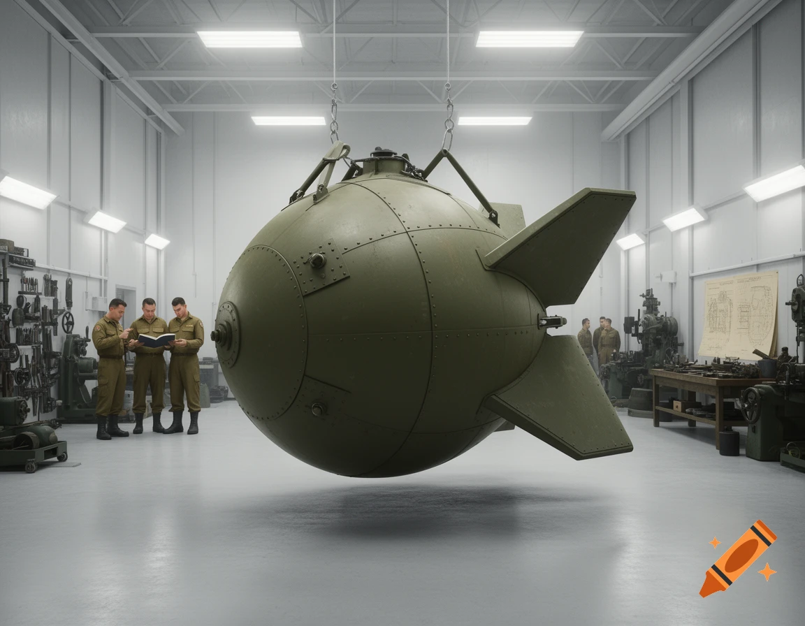 Photorealistic image of a Fatman atomic bomb suspended in a workshop, with military personnel examining documents.