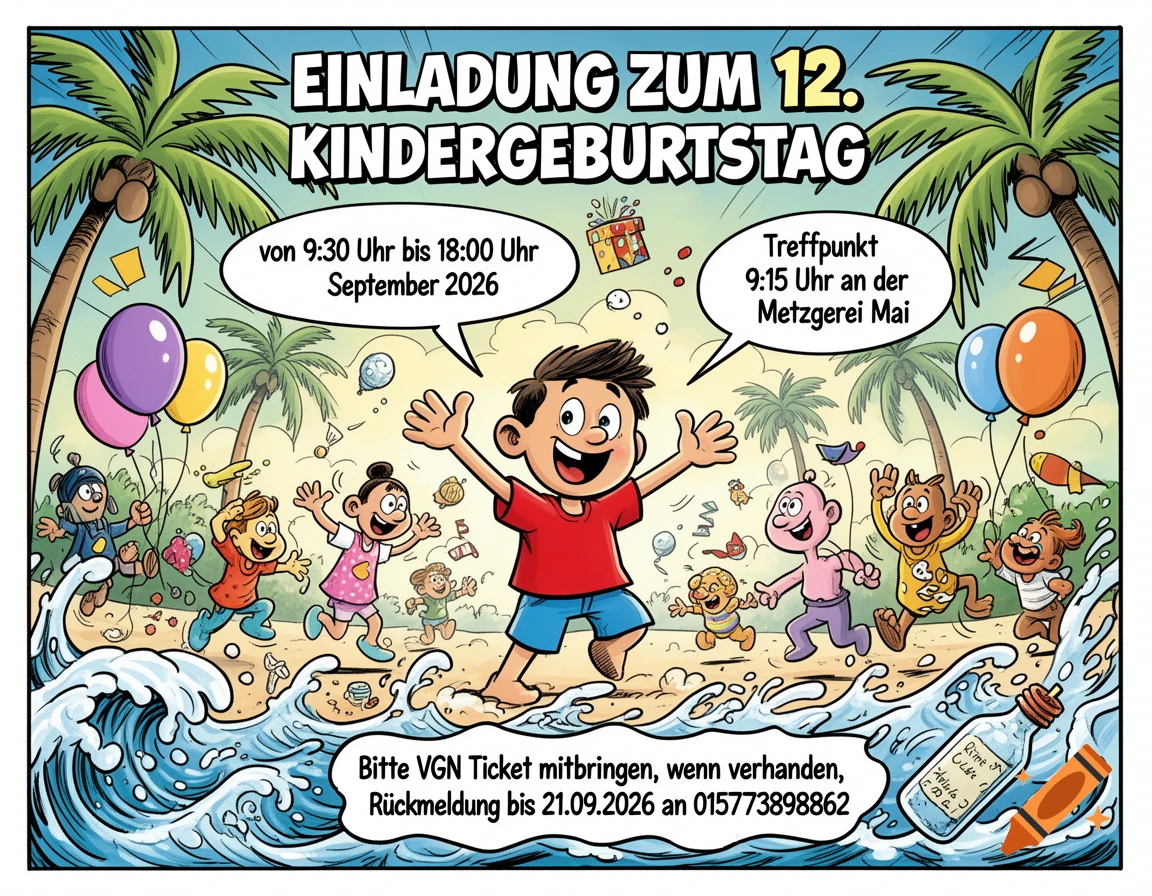 A colorful cartoon children's birthday invitation with kids playing on a beach with palm trees and a message in a bottle. Text in German provides event details.