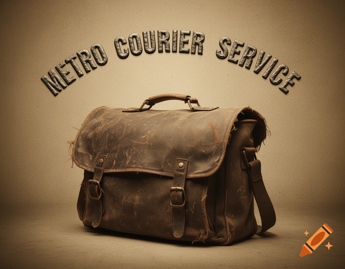 Vintage photograph of a distressed leather messenger bag with "METRO COURIER SERVICE" text above it.