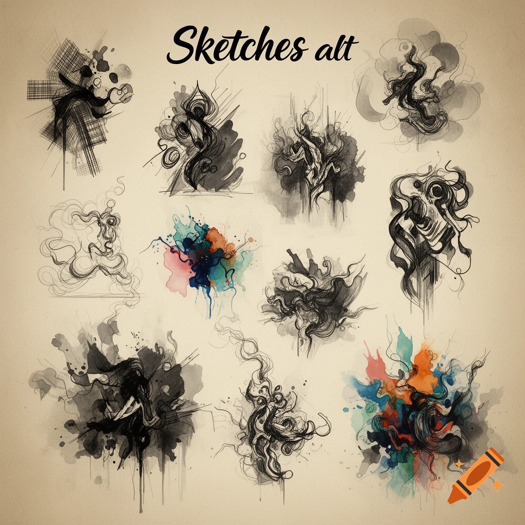 A collection of abstract ink and watercolor sketches featuring dark, swirling organic shapes with colorful splashes on a light background.