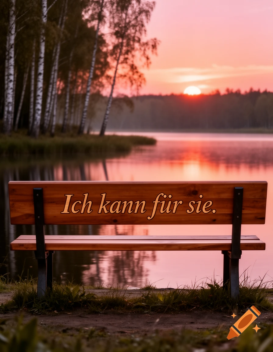 A wooden bench with German text "Ich kann f sie" faces a serene lake at sunset, with birch trees on the left bank.