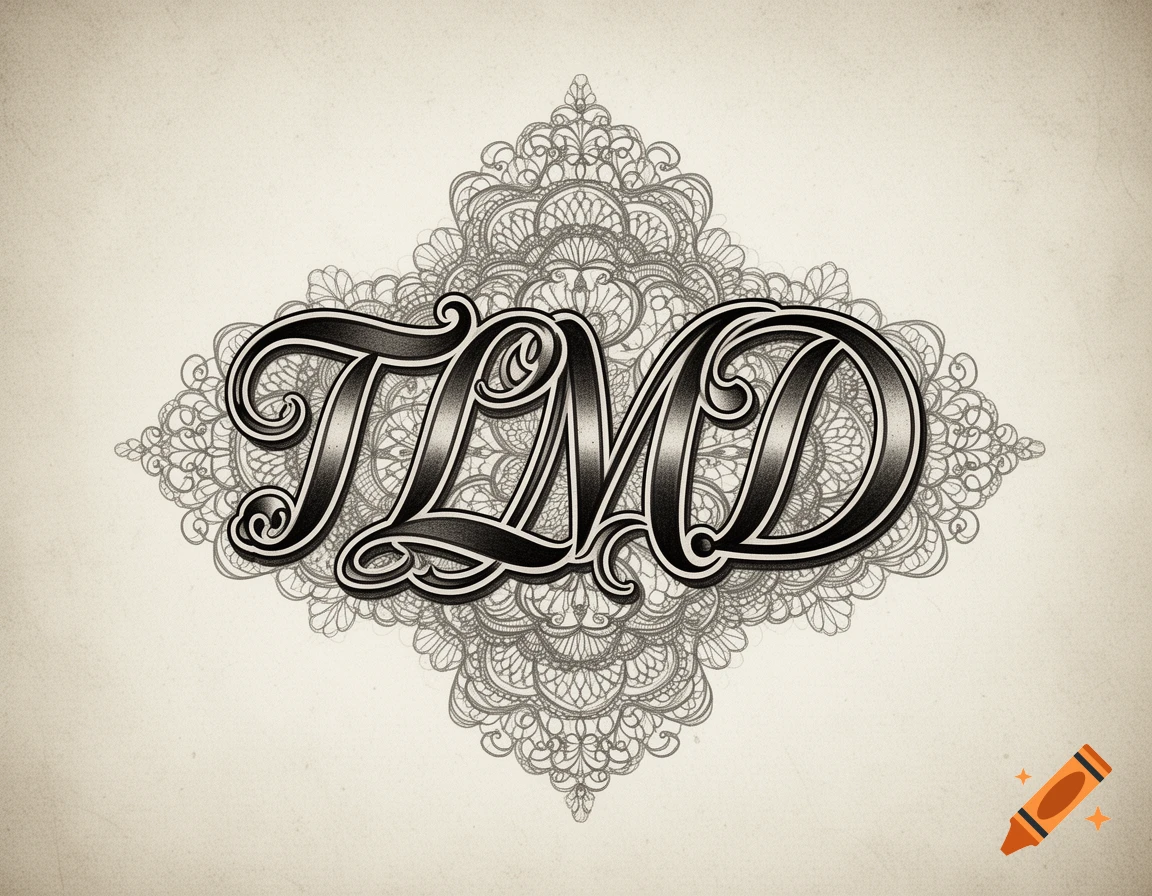 Stylized black and white letters TLMD with ornate grey filigree on a textured beige background.