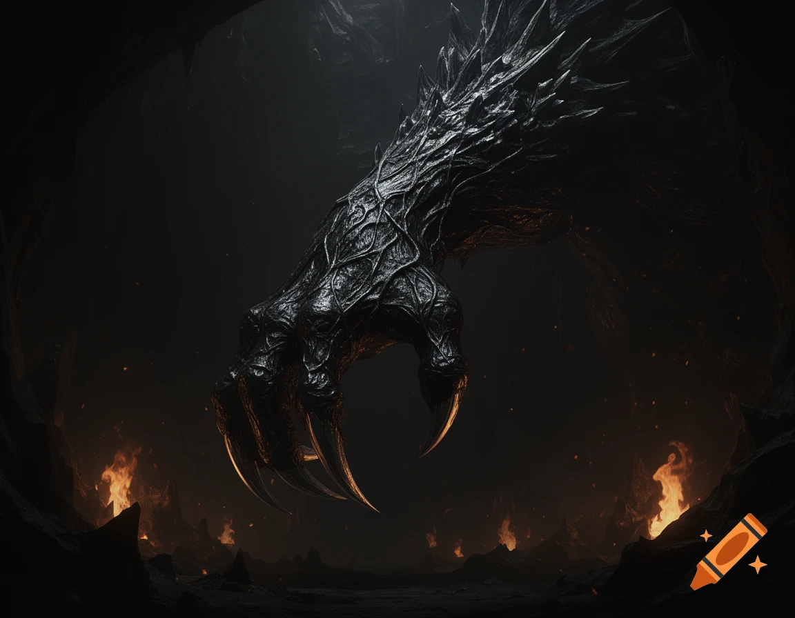 A close-up of a large, dark, textured monster's clawed arm reaching down into a fiery, dark cave.