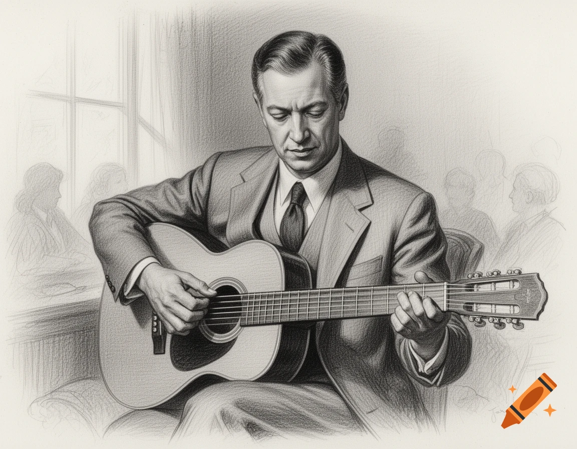 Detailed pencil illustration of a man in a suit playing an acoustic guitar indoors.