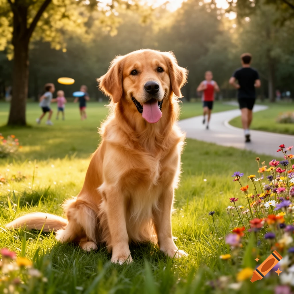 A happy golden retriever sits in a sunny park among wildflowers, with blurred people and a path in the background. Photorealistic.