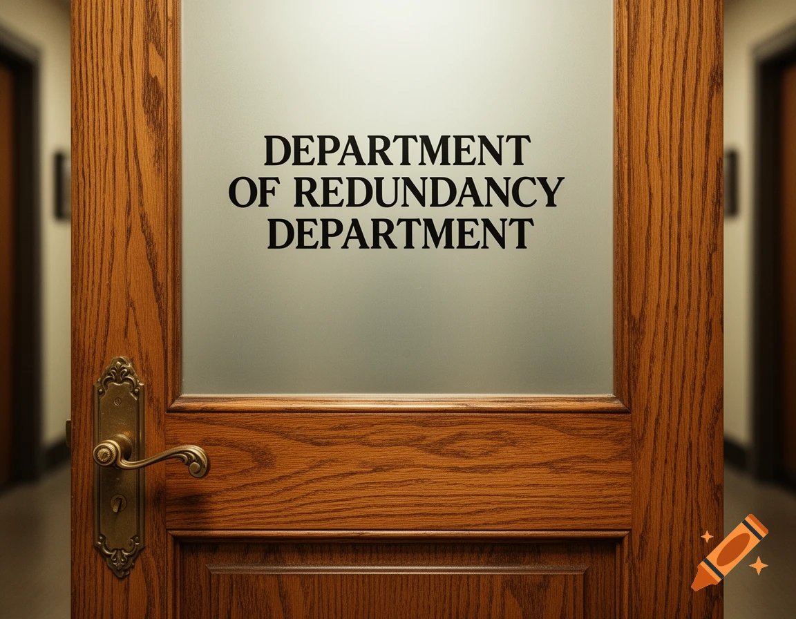 A photorealistic image of an old-school wooden office door with a brass handle and frosted glass labeled 'DEPARTMENT OF REDUNDANCY DEPARTMENT'.