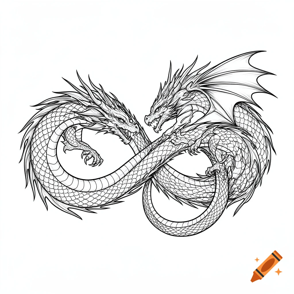 Black and white line art of two intricate dragons forming an infinity symbol.