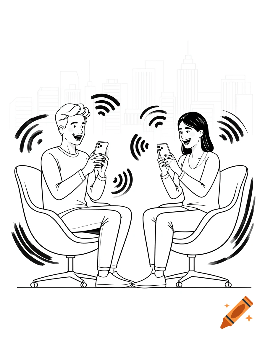 A black and white line drawing of a man and woman sitting in chairs, using smartphones with wifi signals, in front of a city skyline.