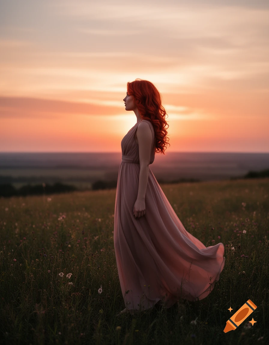 Redhead woman in a flowing dress stands in a field, gazing at a vibrant sunset.