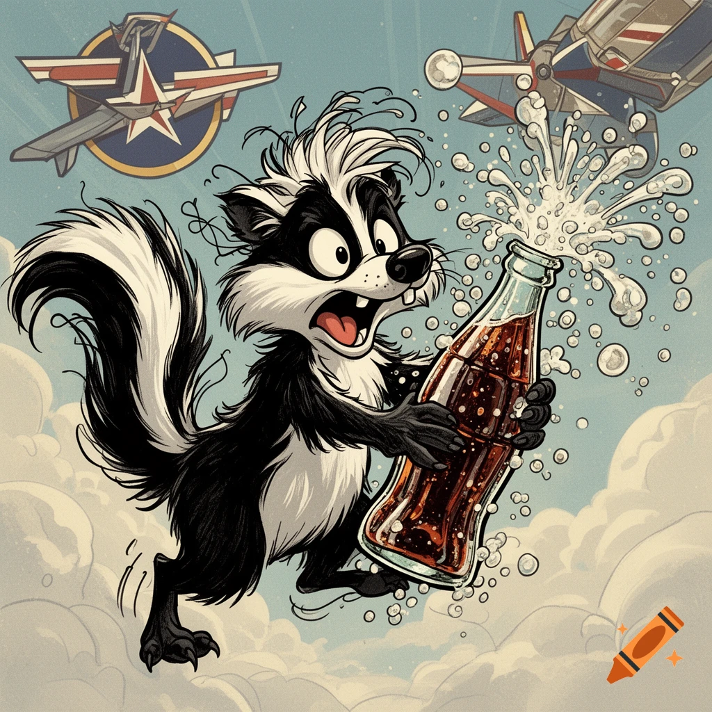 A frantic cartoon skunk holds a bursting soda bottle as two vintage fighter jets fly in the background, set against a cloudy sky.