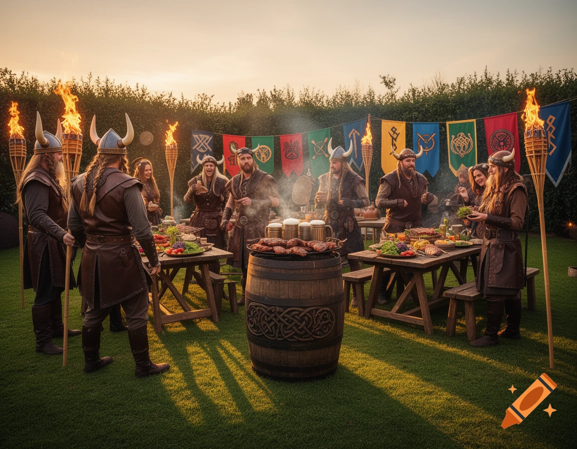 A group of people dressed as Vikings enjoy a barbecue party in a garden at sunset, surrounded by flaming torches and banners.