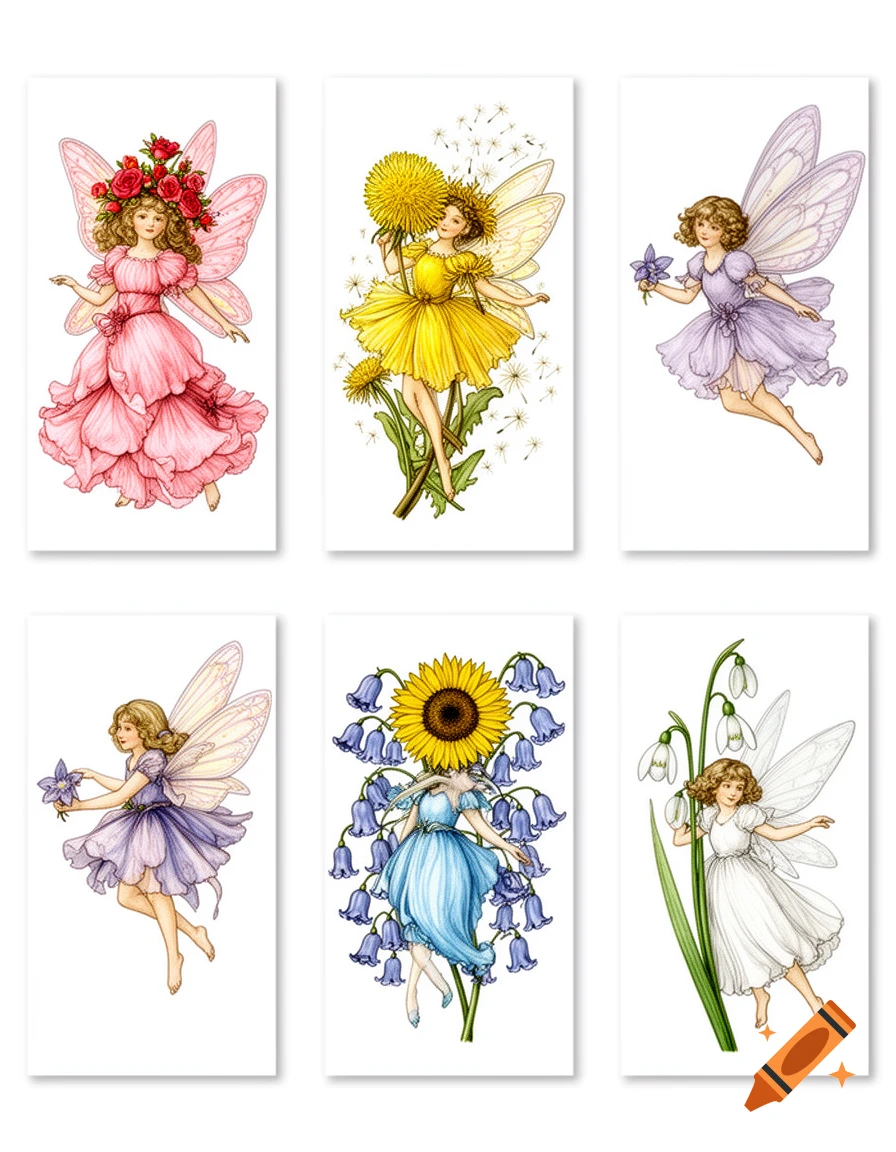Six watercolor illustrations of flower fairies with wings in various colorful floral dresses on a white background, like the Cicely Mary Barker style.