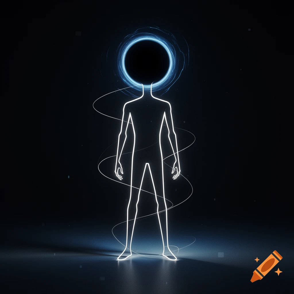 A glowing white outline of a person stands with a black hole for a head, surrounded by swirling energy on a dark background.