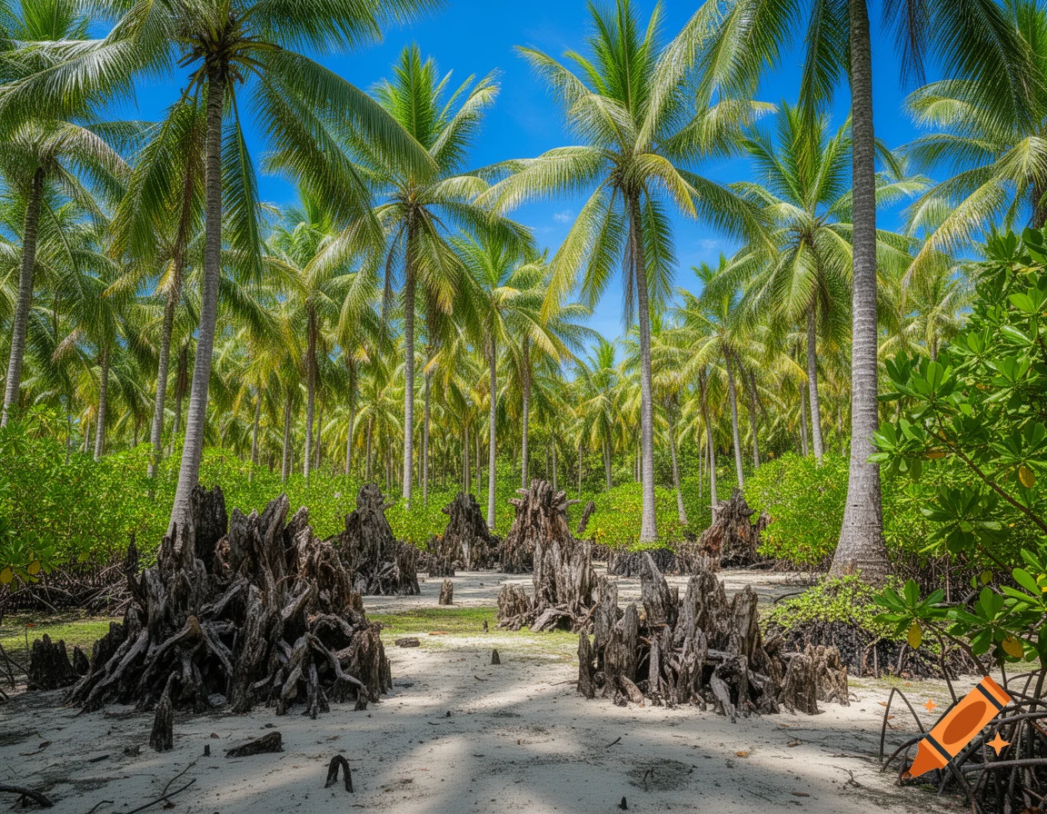 A photorealistic landscape of a dense palm tree forest with gnarled mangrove roots on sandy ground under a clear blue sky.
