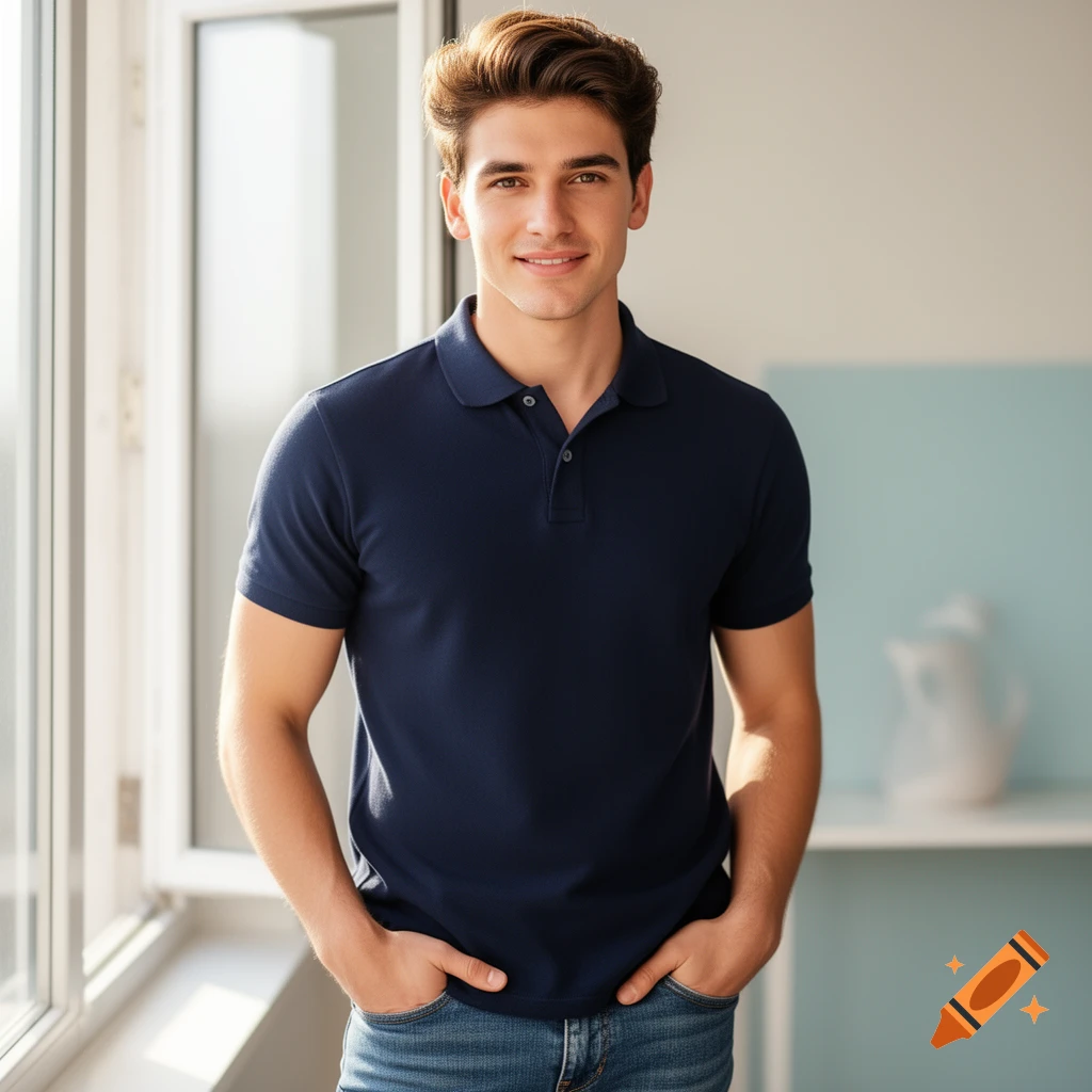 A smiling young man with dark hair in a navy polo shirt and jeans stands with his hands in his pockets, indoors.