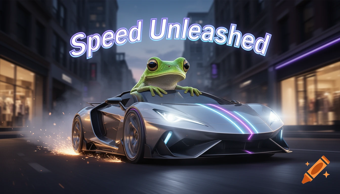 A cartoon frog drives a sleek silver sports car with neon stripes down a city street, with "Speed Unleashed" text above.