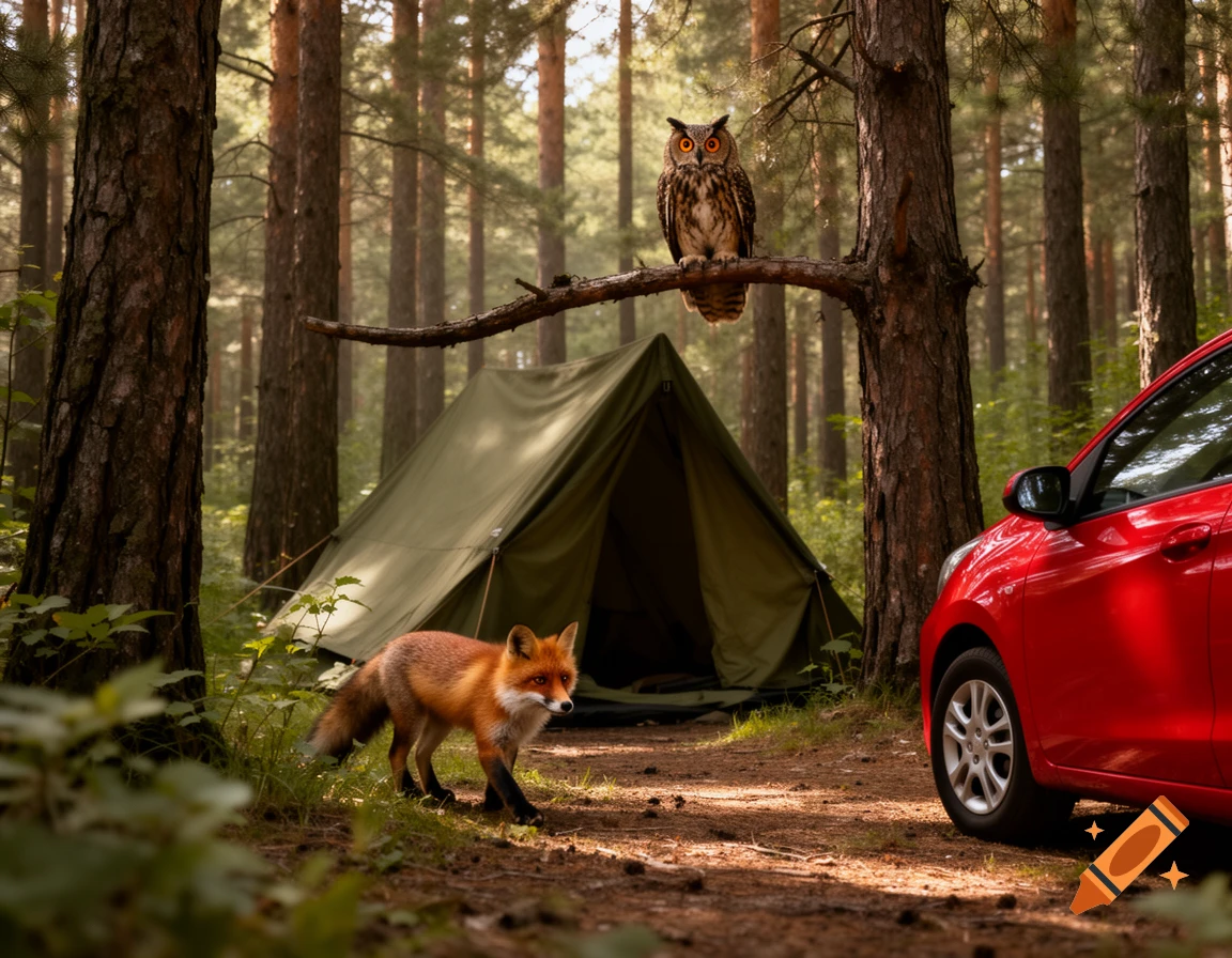 A fox walks past a green tent and red car in a pine forest, with an owl perched on a branch above.