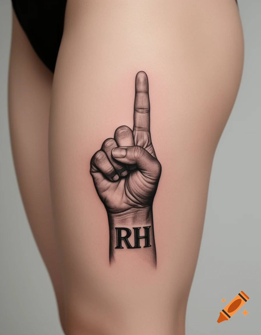 Photorealistic tattoo of a hand pointing up with 'RH' on the wrist, on a woman's upper thigh.