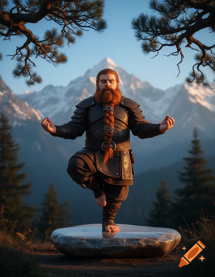 A red-bearded dwarf in armor meditates in a tree pose on a rock, set against a backdrop of snowy mountains and pine trees. Photorealistic style.