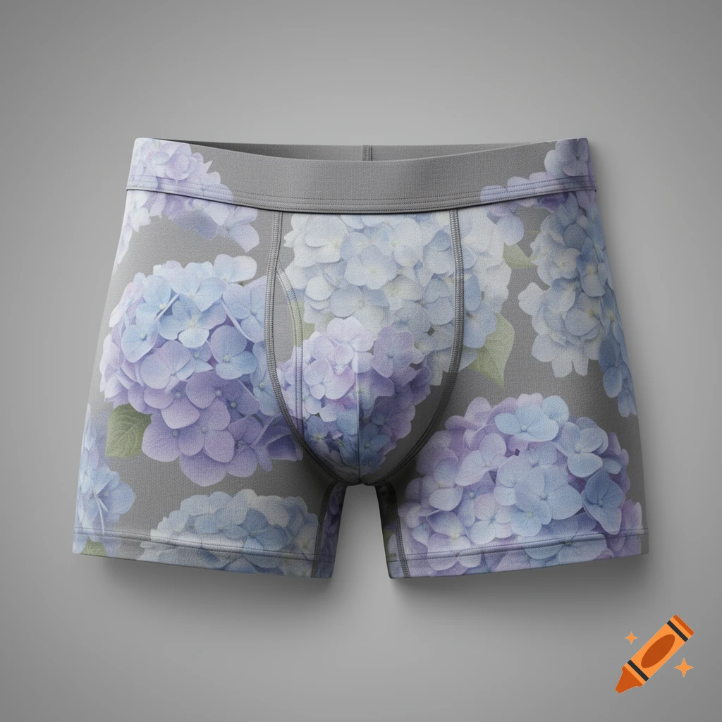 Gray boxer briefs with a blue and purple hydrangea floral pattern, rendered photorealistically.