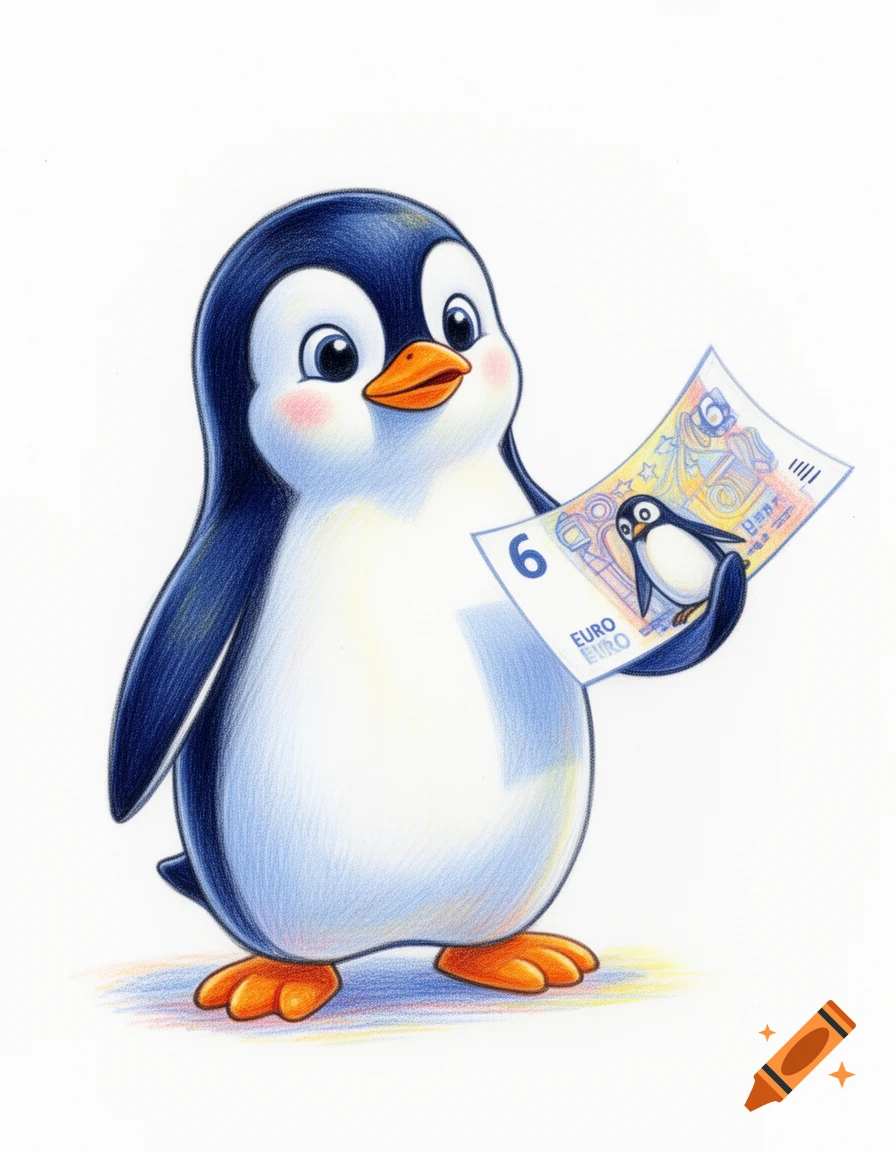 A cute cartoon penguin with an orange beak holds a banknote featuring the number 6 Euro and a small penguin, drawn with colored pencils.