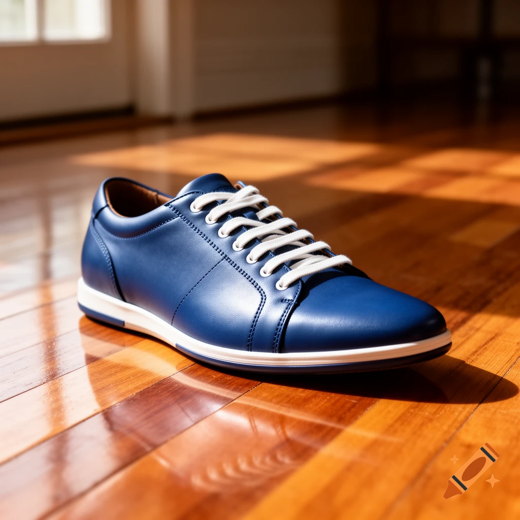 A single blue leather sneaker with white laces sits on a reflective wooden floor, bathed in sunlight.
