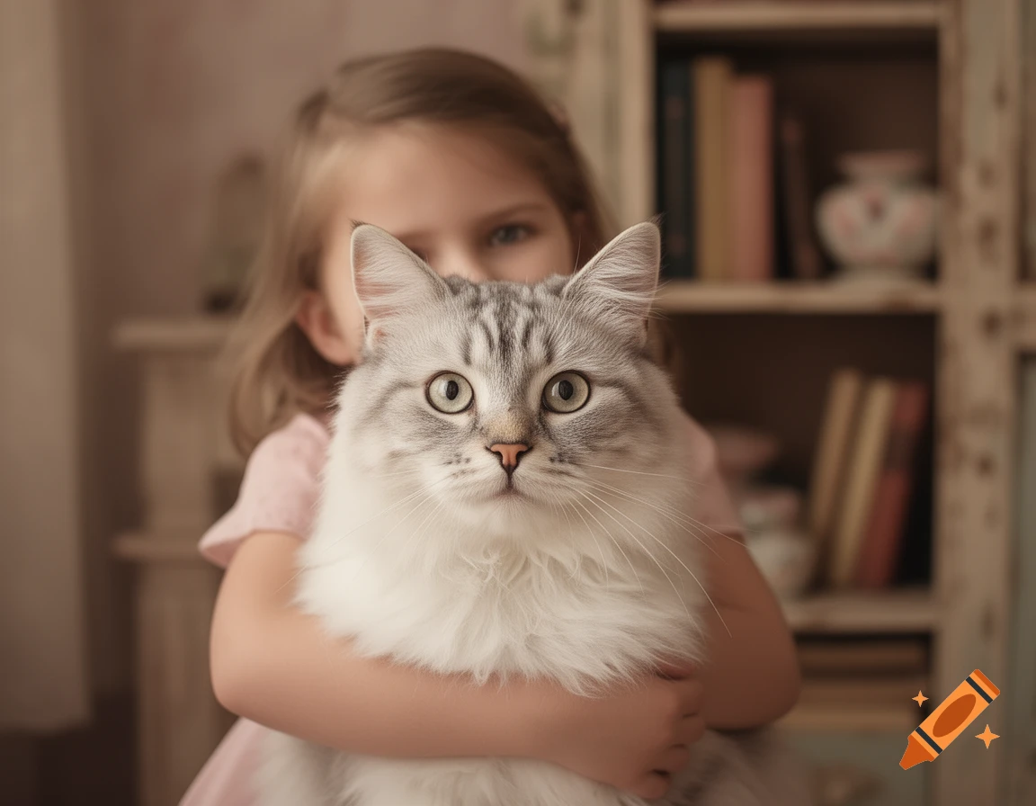 A young girl with blonde hair hugs a fluffy white and grey tabby cat, whose face is the main focus looking at the viewer. A bookshelf is in the blurred background.