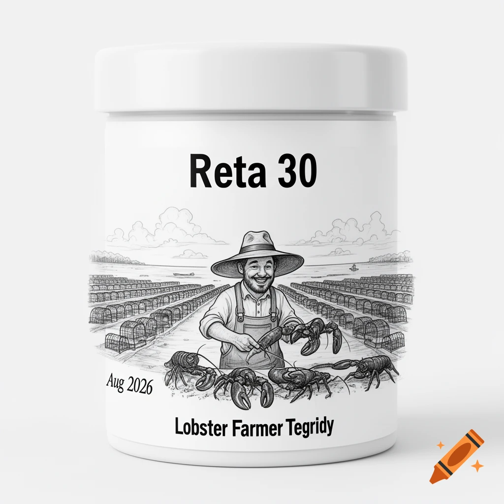 Black and white label illustration of a smiling lobster farmer with lobsters and traps by the sea, with text 'Reta 30', 'Aug 2026', 'Lobster Farmer Tegridy'.